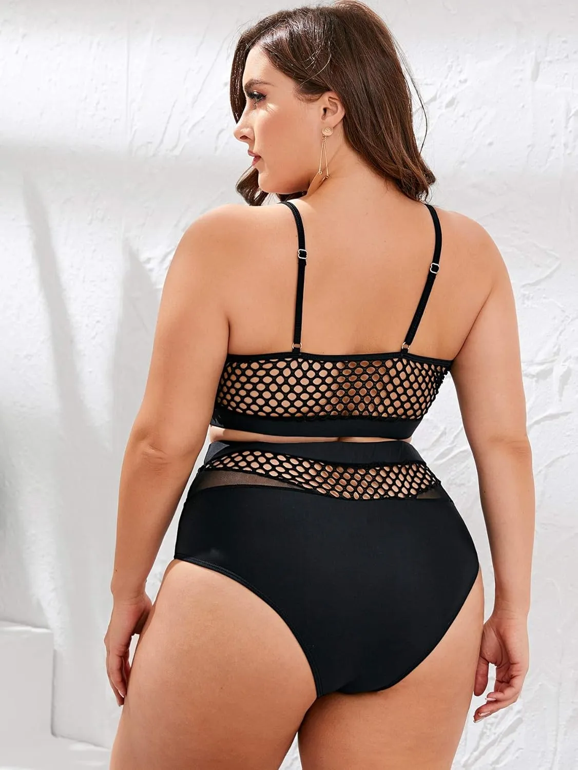 Floerns Women's Plus Size Bathing Suit Fishnet High Waist Bikini Set Rave Outfit