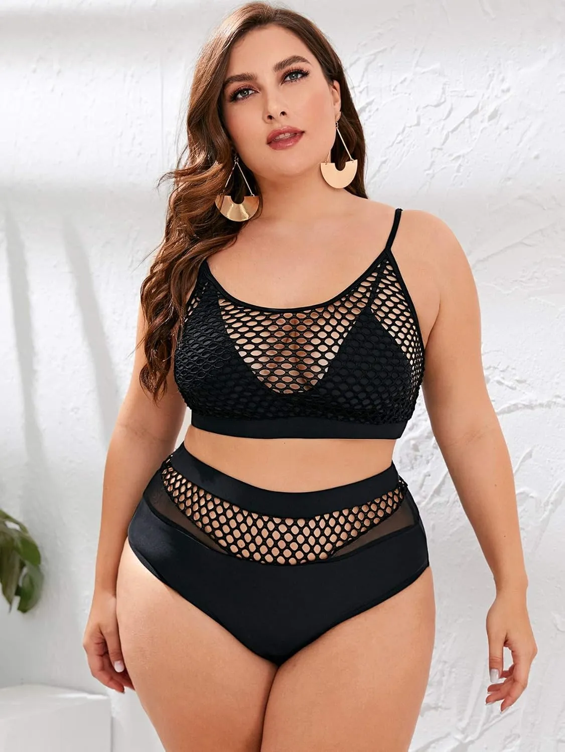 Floerns Women's Plus Size Bathing Suit Fishnet High Waist Bikini Set Rave Outfit
