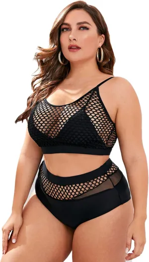 Floerns Women's Plus Size Bathing Suit Fishnet High Waist Bikini Set Rave Outfit