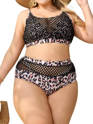 Floerns Women's Plus Size Bathing Suit Fishnet High Waist Bikini Set Rave Outfit