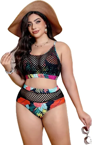 Floerns Women's Plus Size Bathing Suit Fishnet High Waist Bikini Set Rave Outfit