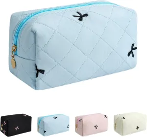 Floral Cotton Makeup Cosmetic Bag for Women, Travel Quilted Zipper Make Up Bag, Flowers Toiletry Organizer Case Kawaii Makeup Cosmetic Travel Cloth Pouch (Blue)