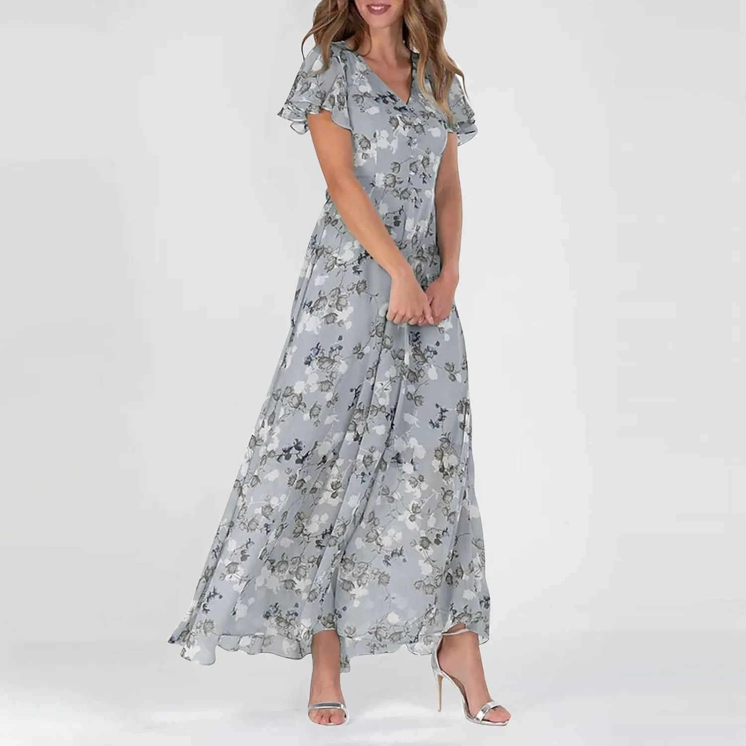 Floral Dress for Women 2024 Boho Flowy V Neck Short Sleeve Maxi Dress Casual Ruffle Hem Lightweight Long Dress