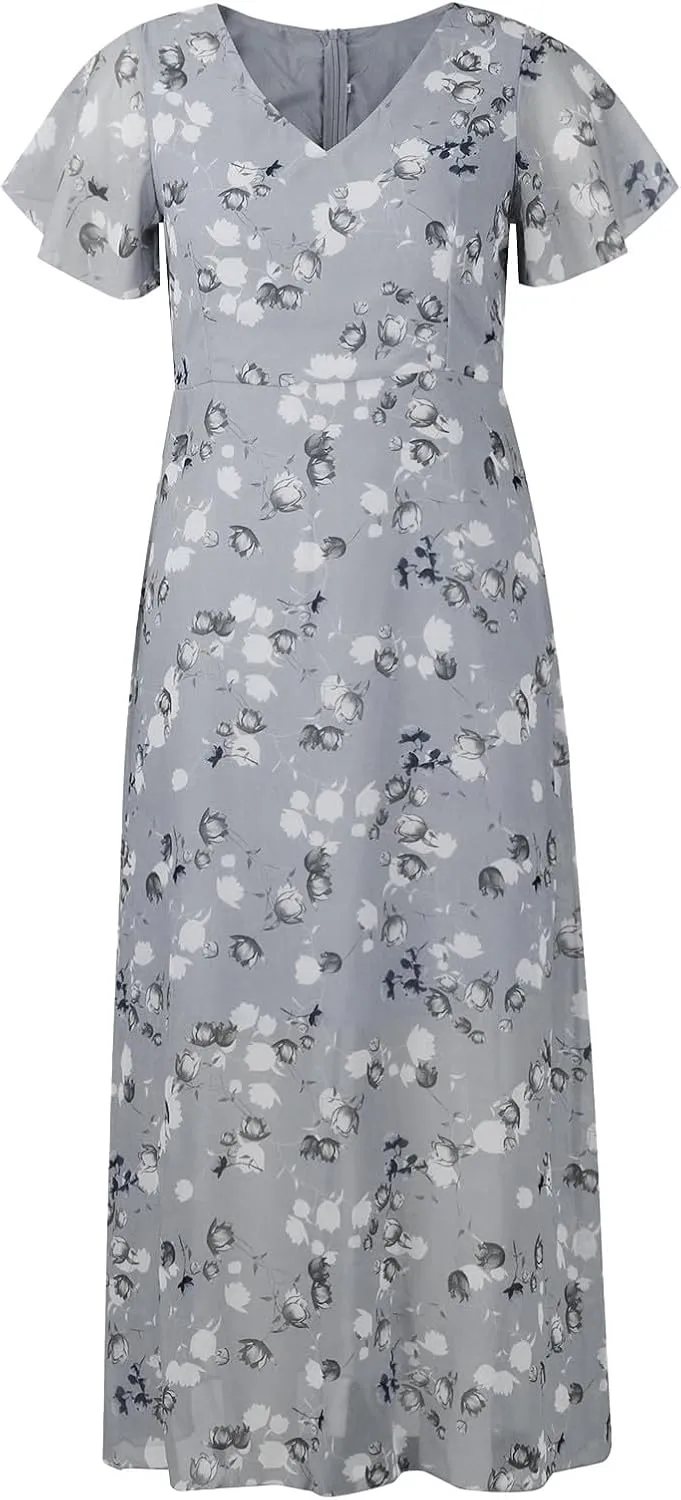 Floral Dress for Women 2024 Boho Flowy V Neck Short Sleeve Maxi Dress Casual Ruffle Hem Lightweight Long Dress