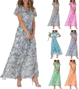 Floral Dress for Women 2024 Boho Flowy V Neck Short Sleeve Maxi Dress Casual Ruffle Hem Lightweight Long Dress