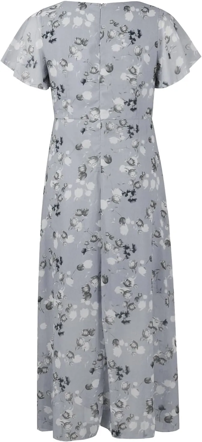Floral Dress for Women 2024 Boho Flowy V Neck Short Sleeve Maxi Dress Casual Ruffle Hem Lightweight Long Dress