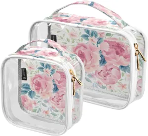 Floral Flowers Clear Makeup Bags TSA Approved Toiletry Bag for Women Men Cosmetic Bags with Handle Carry On Airport Airline Compliant Bag Quart Size PVC Travel Bags for Toiletries Liquids, 2 Pack