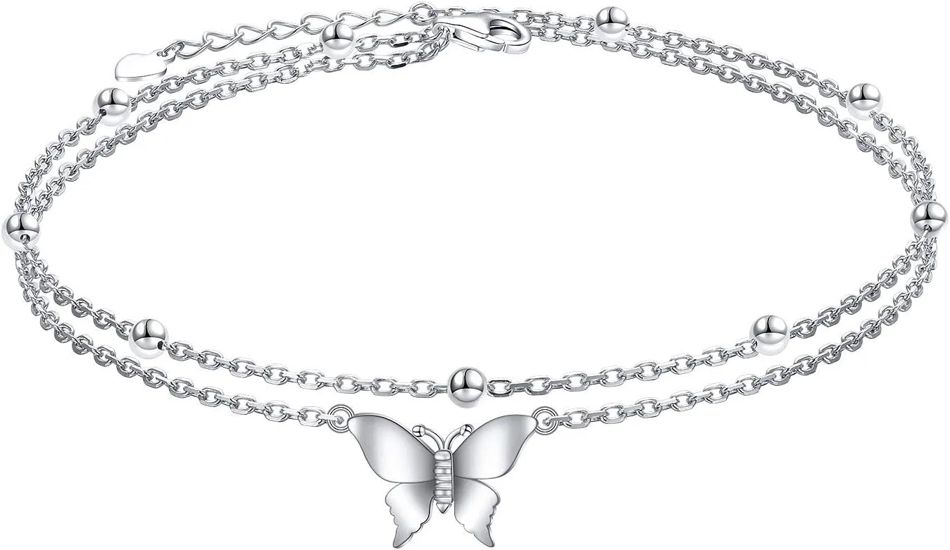 FLYOW Anklet for Women S925 Sterling Silver Adjustable Foot Beaded Heart Charm Ankle Bracelet Anklets Jewelry