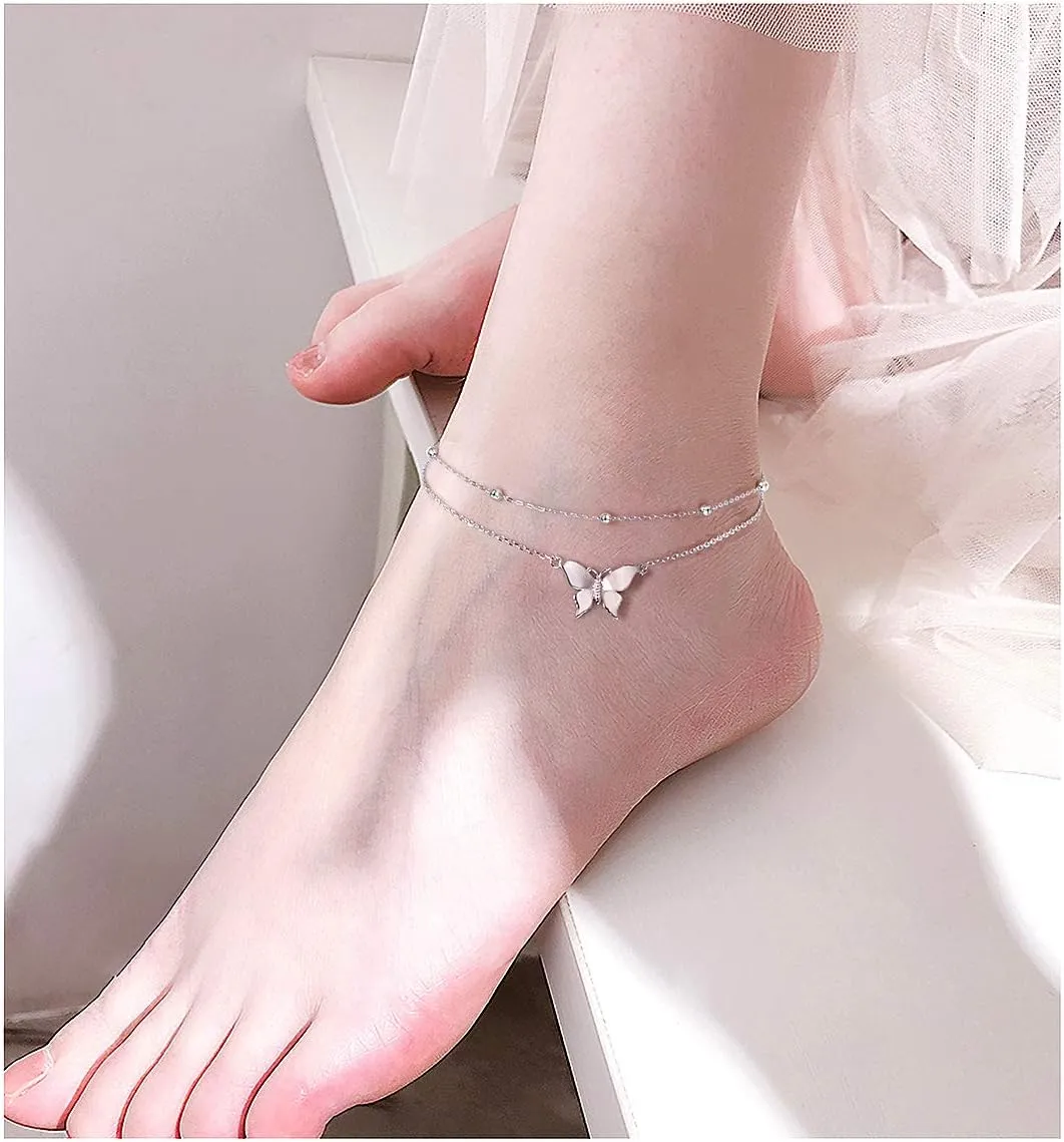 FLYOW Anklet for Women S925 Sterling Silver Adjustable Foot Beaded Heart Charm Ankle Bracelet Anklets Jewelry