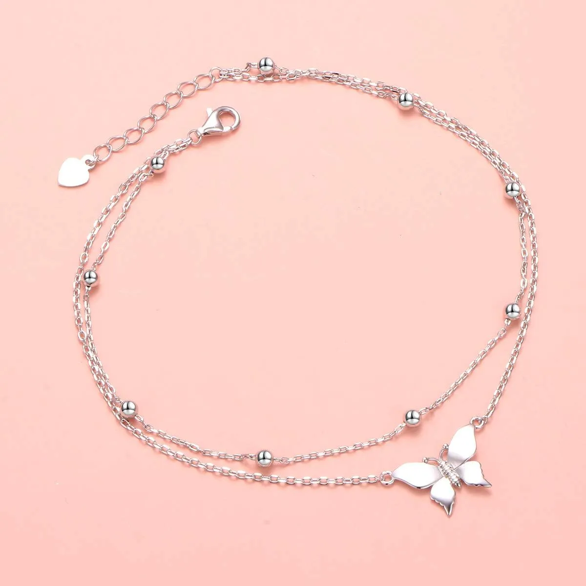 FLYOW Anklet for Women S925 Sterling Silver Adjustable Foot Beaded Heart Charm Ankle Bracelet Anklets Jewelry