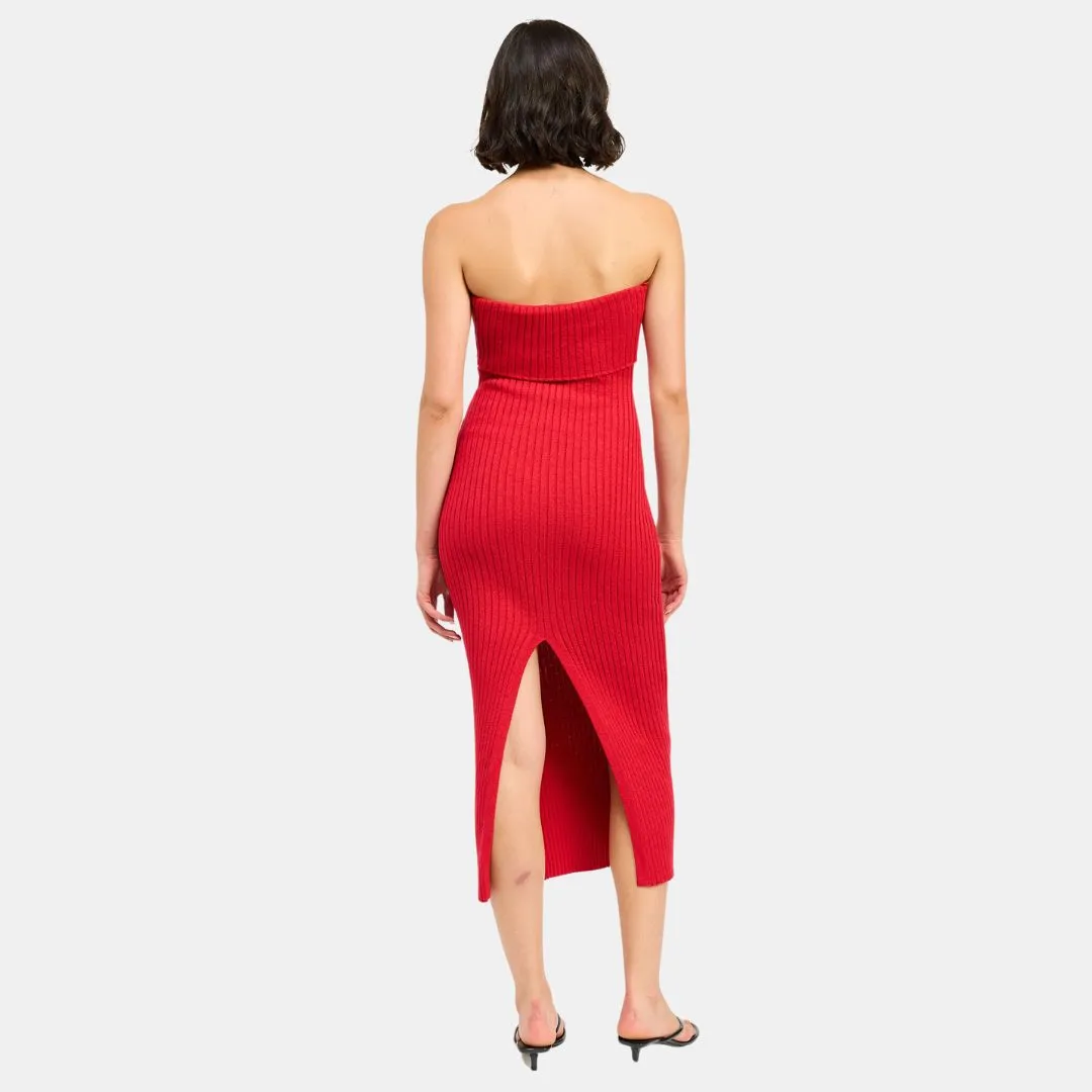 Fold Over Ribbed Tube Dress (Red)