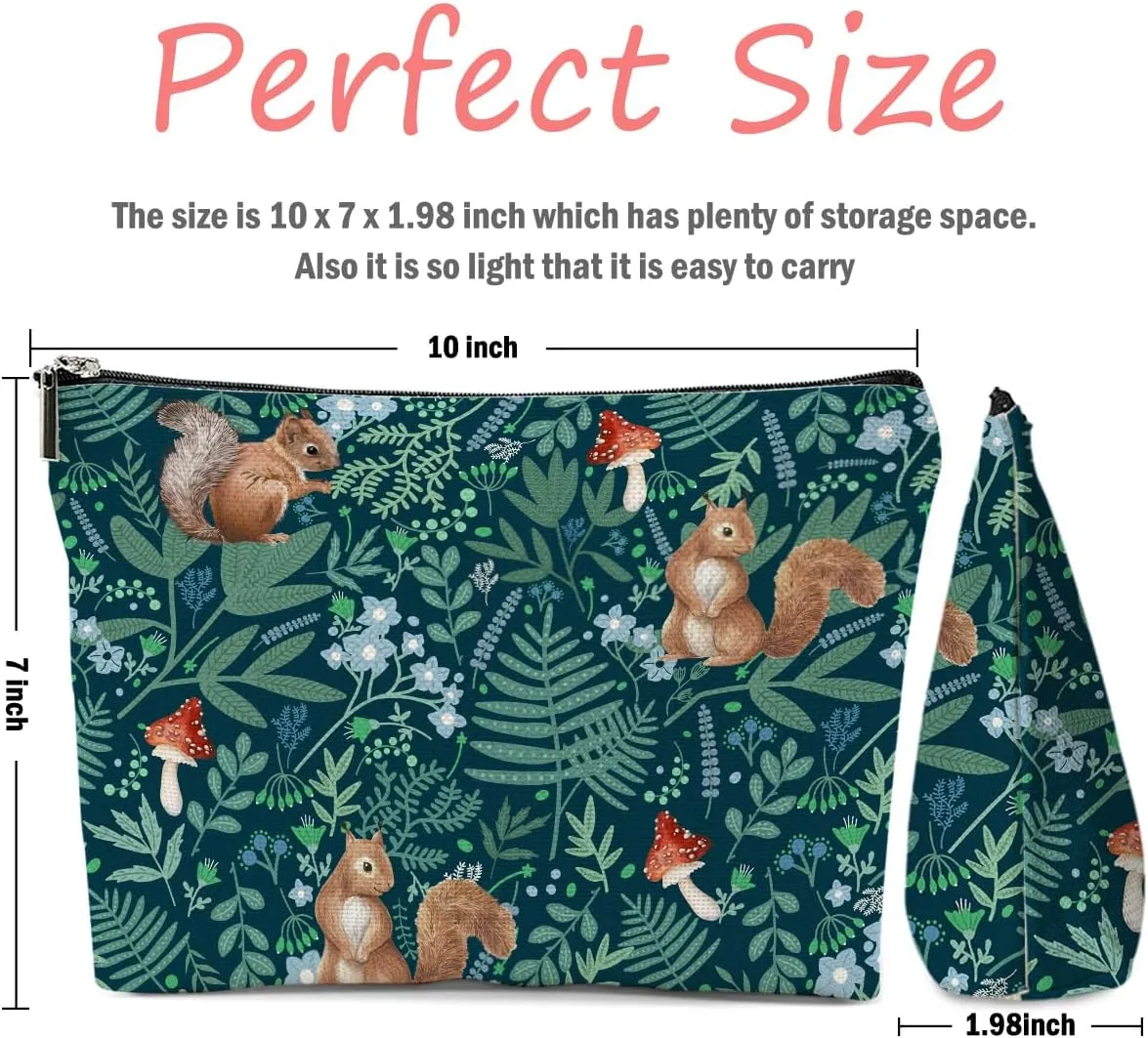 Forest Squirrel Makeup Bag, Botanical Squirrels Cosmetic Bag Travel Pouch, Squirrel Animal Lovers Gifts for Women Girls Daughter Sisters Coworker Friends Wife Friendship Graduation Birthday Gifts