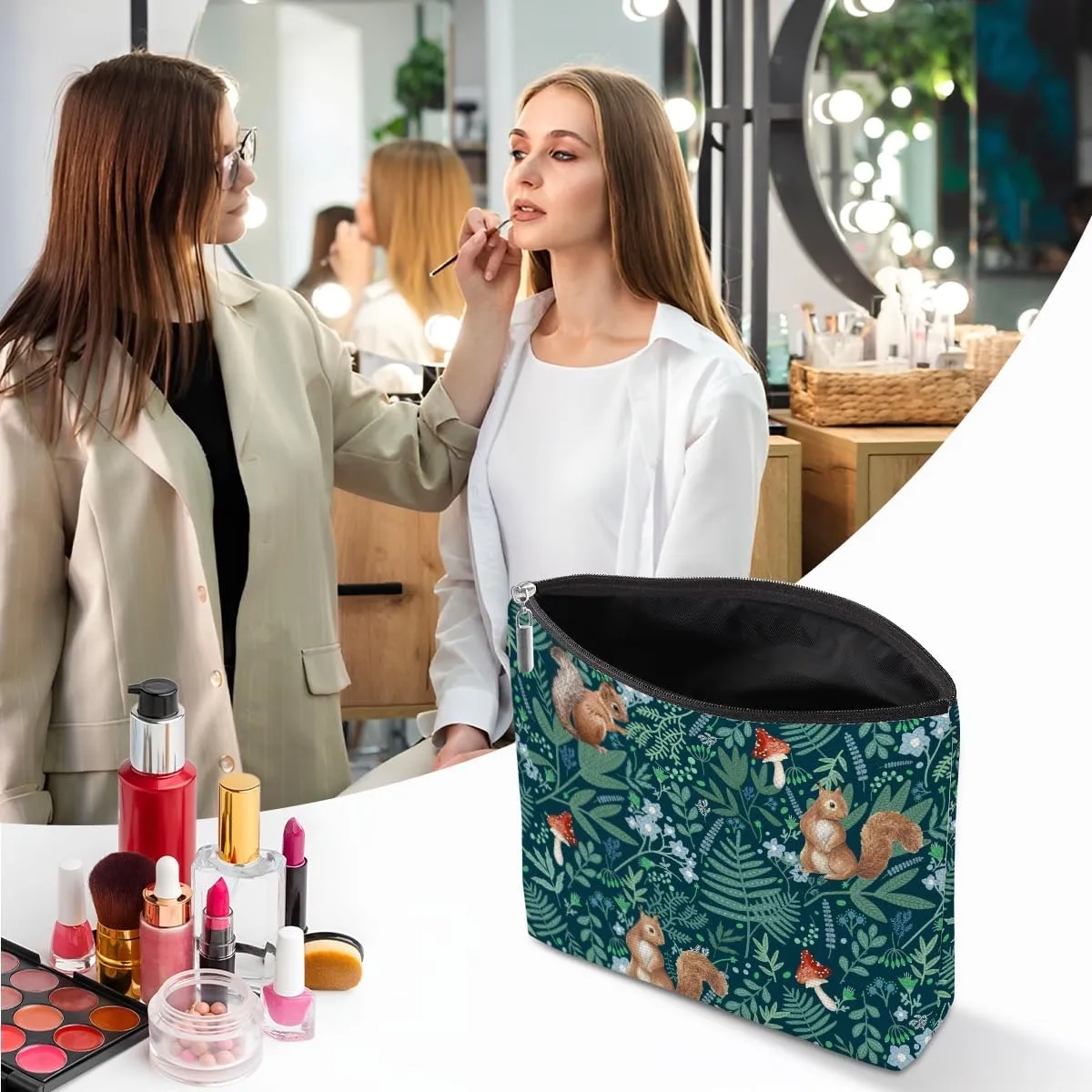 Forest Squirrel Makeup Bag, Botanical Squirrels Cosmetic Bag Travel Pouch, Squirrel Animal Lovers Gifts for Women Girls Daughter Sisters Coworker Friends Wife Friendship Graduation Birthday Gifts