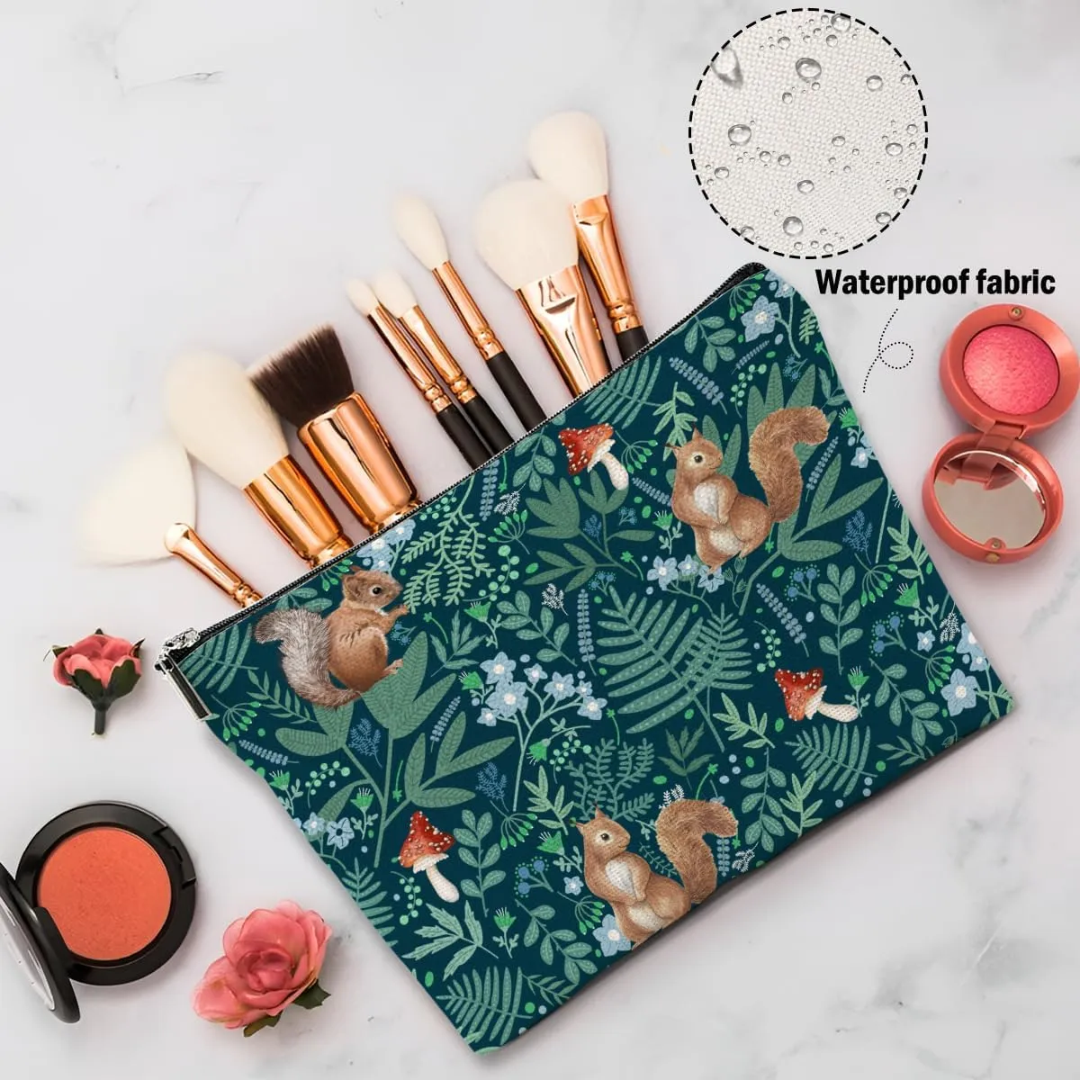 Forest Squirrel Makeup Bag, Botanical Squirrels Cosmetic Bag Travel Pouch, Squirrel Animal Lovers Gifts for Women Girls Daughter Sisters Coworker Friends Wife Friendship Graduation Birthday Gifts