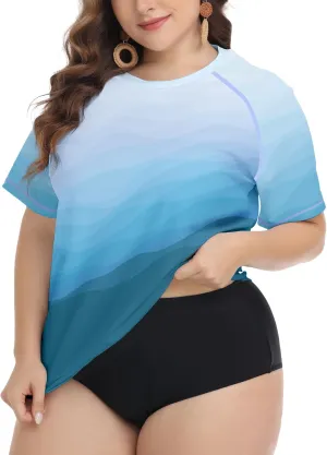 FOREYOND Plus Size Rash Guard Shirts for Women Short Sleeve UPF 50  Sun Protection Swimwear Swim Suits Top
