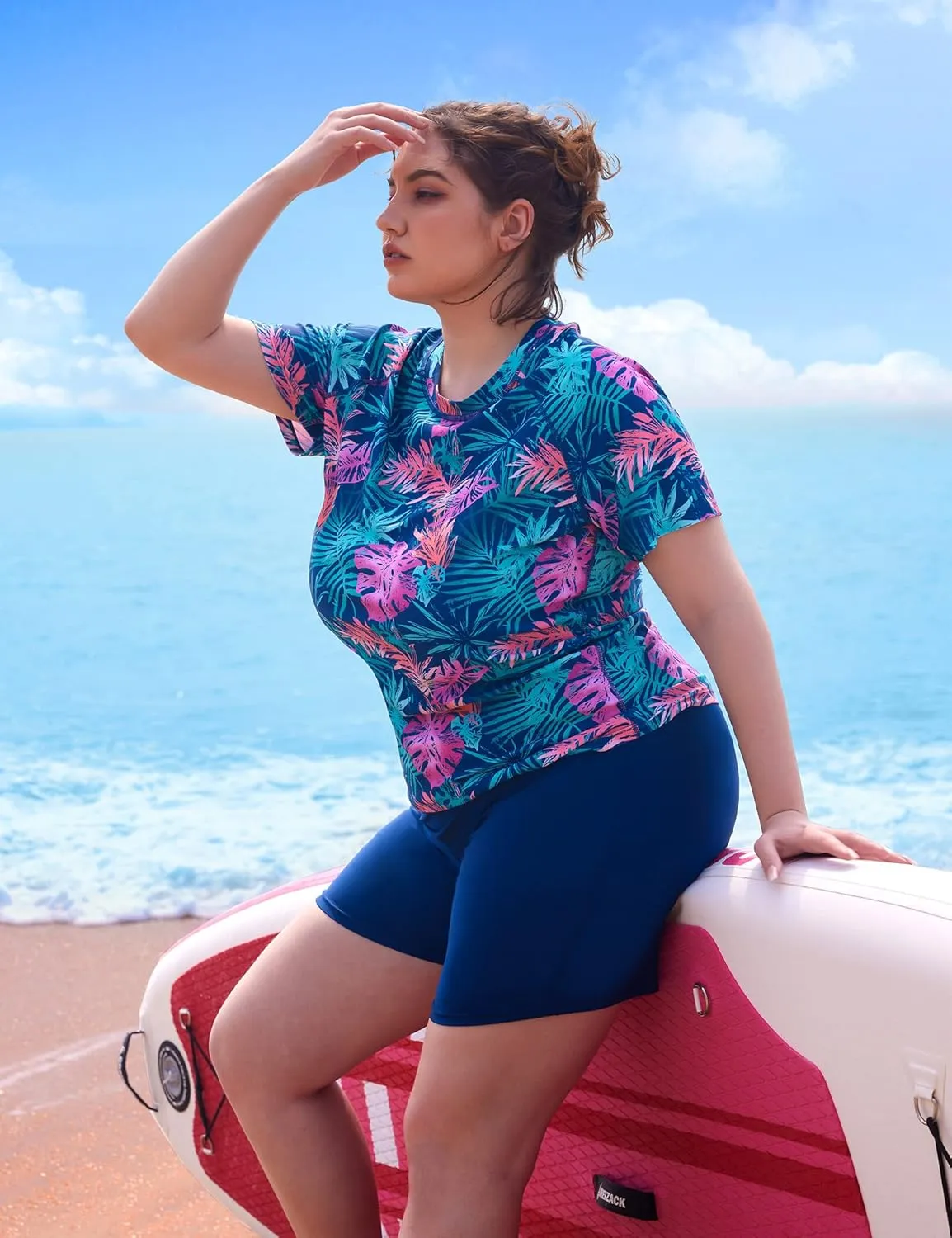 FOREYOND Plus Size Rash Guard Shirts for Women Short Sleeve UPF 50  Sun Protection Swimwear Swim Suits Top