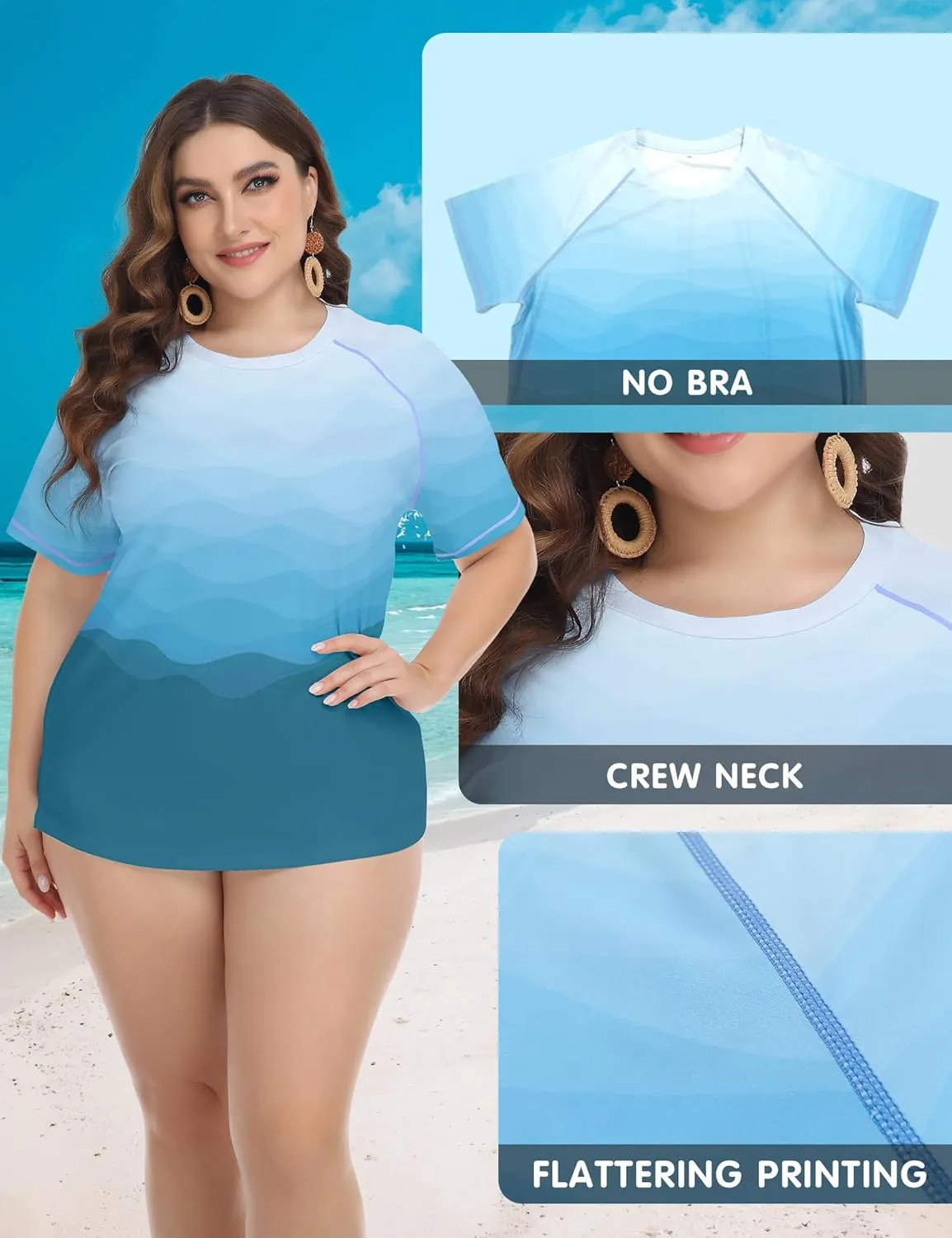 FOREYOND Plus Size Rash Guard Shirts for Women Short Sleeve UPF 50  Sun Protection Swimwear Swim Suits Top