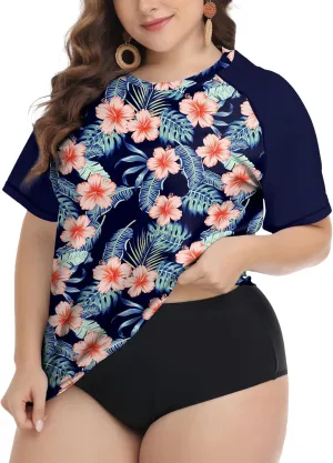 FOREYOND Plus Size Rash Guard Shirts for Women Short Sleeve UPF 50  Sun Protection Swimwear Swim Suits Top