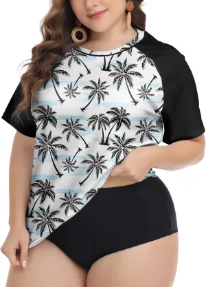 FOREYOND Plus Size Rash Guard Shirts for Women Short Sleeve UPF 50  Sun Protection Swimwear Swim Suits Top