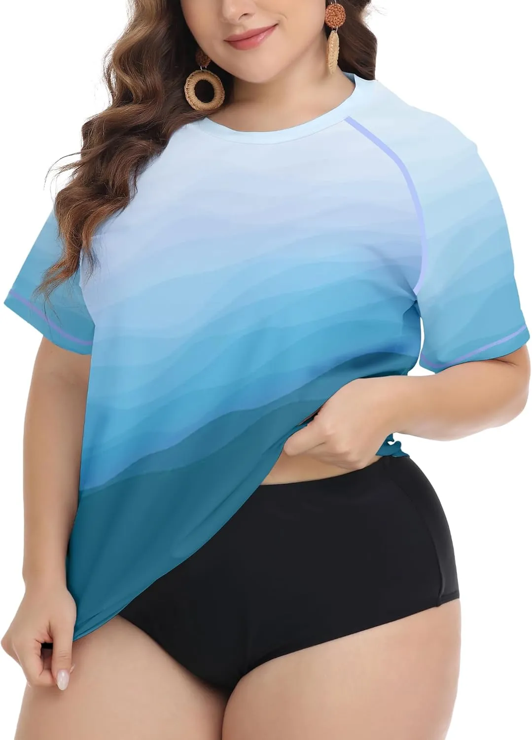 FOREYOND Plus Size Rash Guard Shirts for Women Short Sleeve UPF 50  Sun Protection Swimwear Swim Suits Top