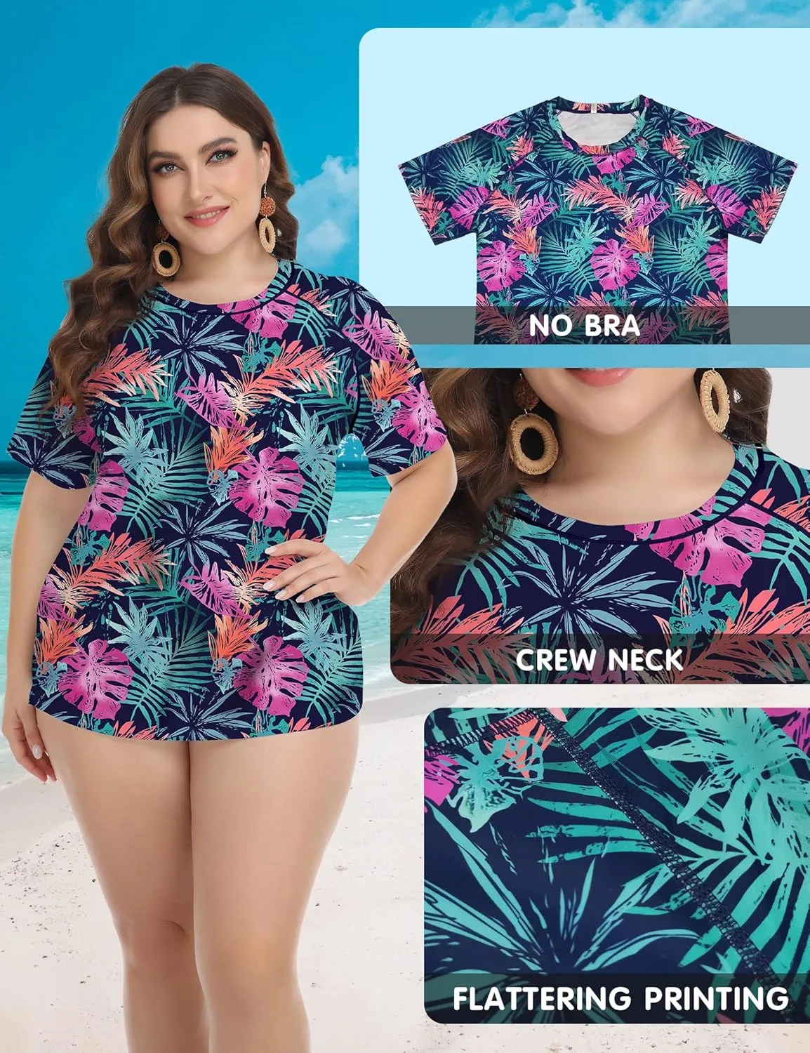 FOREYOND Plus Size Rash Guard Shirts for Women Short Sleeve UPF 50  Sun Protection Swimwear Swim Suits Top