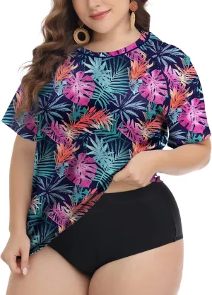 FOREYOND Plus Size Rash Guard Shirts for Women Short Sleeve UPF 50  Sun Protection Swimwear Swim Suits Top