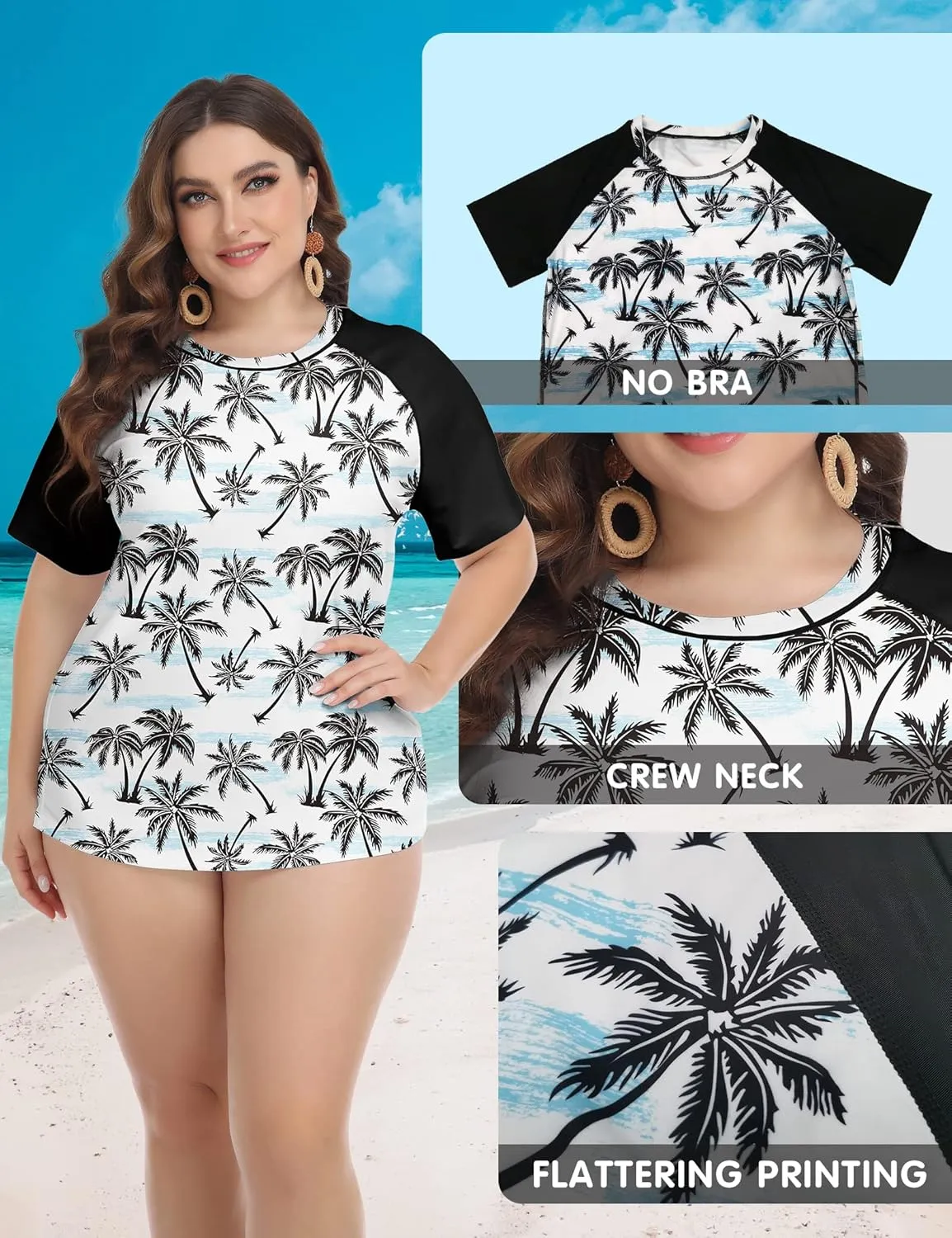 FOREYOND Plus Size Rash Guard Shirts for Women Short Sleeve UPF 50  Sun Protection Swimwear Swim Suits Top