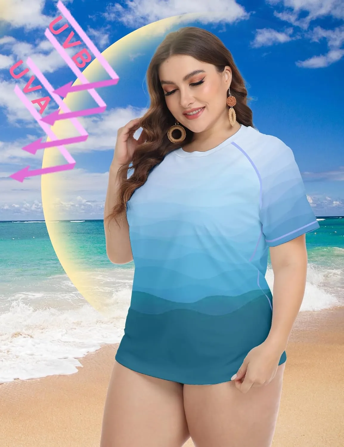 FOREYOND Plus Size Rash Guard Shirts for Women Short Sleeve UPF 50  Sun Protection Swimwear Swim Suits Top