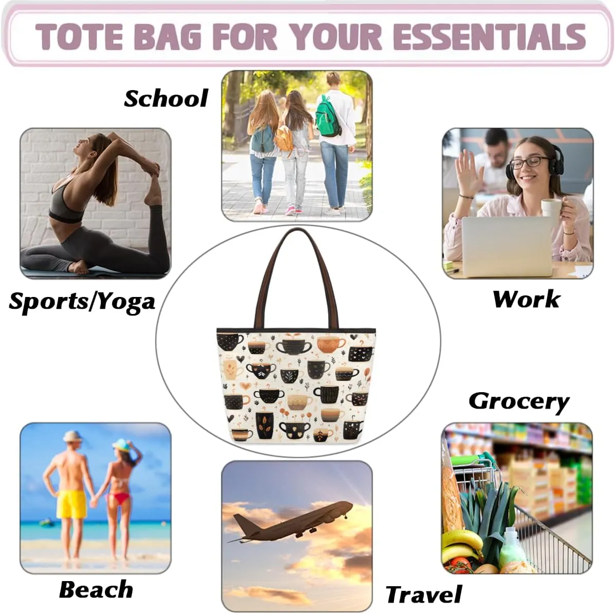 Fruit Peach Print Tote Bag with Zipper 15 Inch Canvas Tote Bag for Women Shoulder Handbag