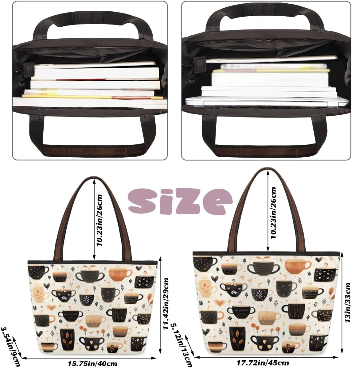 Fruit Peach Print Tote Bag with Zipper 15 Inch Canvas Tote Bag for Women Shoulder Handbag