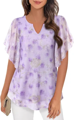 Furnex Women's Short Sleeve Tops Dressy Casual V Neck Double Layers Blouses Floral Mesh Tunics Tops