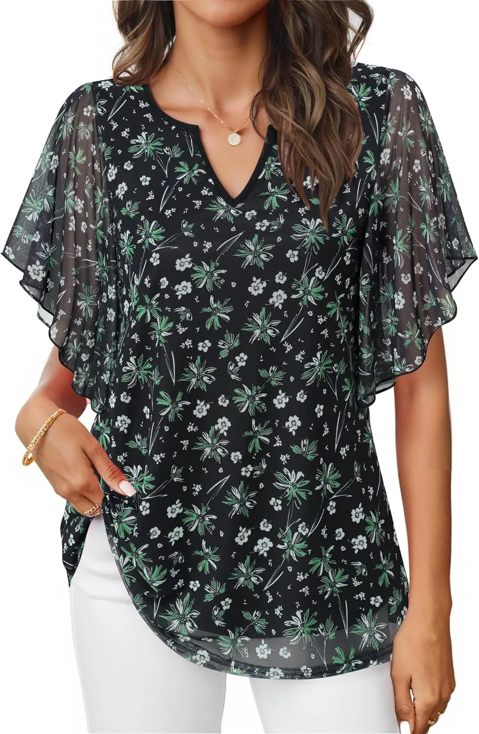 Furnex Women's Short Sleeve Tops Dressy Casual V Neck Double Layers Blouses Floral Mesh Tunics Tops