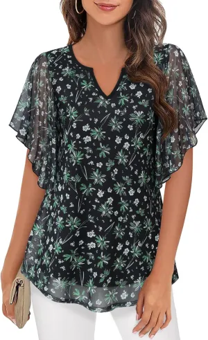 Furnex Women's Short Sleeve Tops Dressy Casual V Neck Double Layers Blouses Floral Mesh Tunics Tops