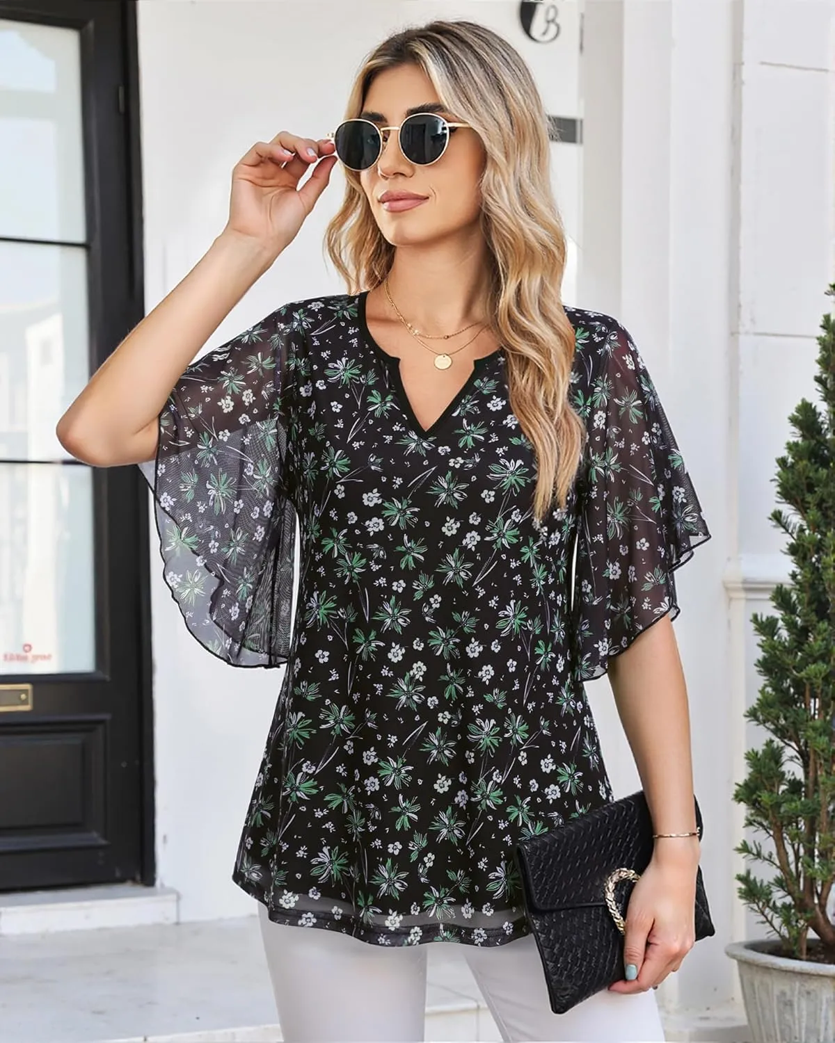 Furnex Women's Short Sleeve Tops Dressy Casual V Neck Double Layers Blouses Floral Mesh Tunics Tops