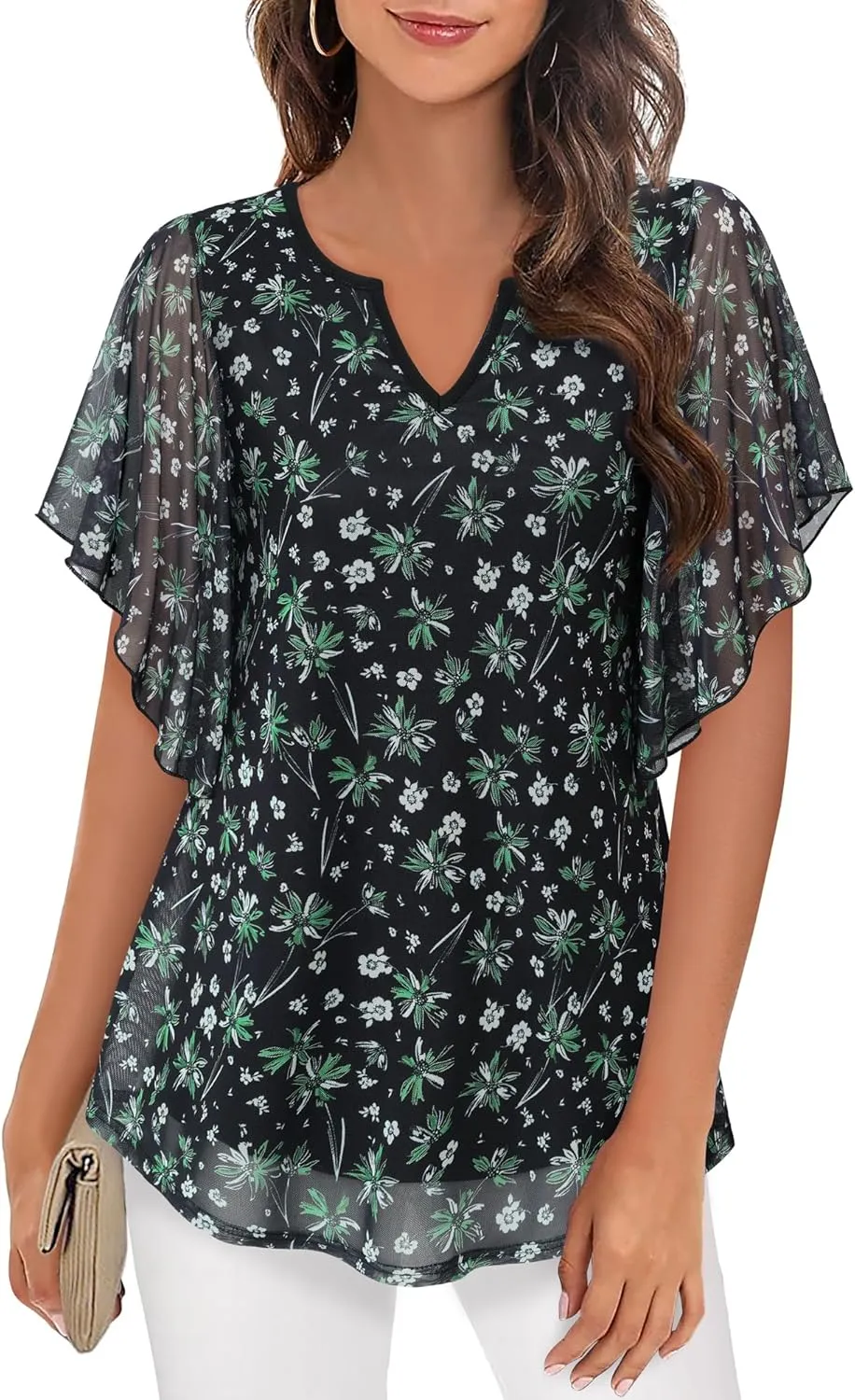 Furnex Women's Short Sleeve Tops Dressy Casual V Neck Double Layers Blouses Floral Mesh Tunics Tops