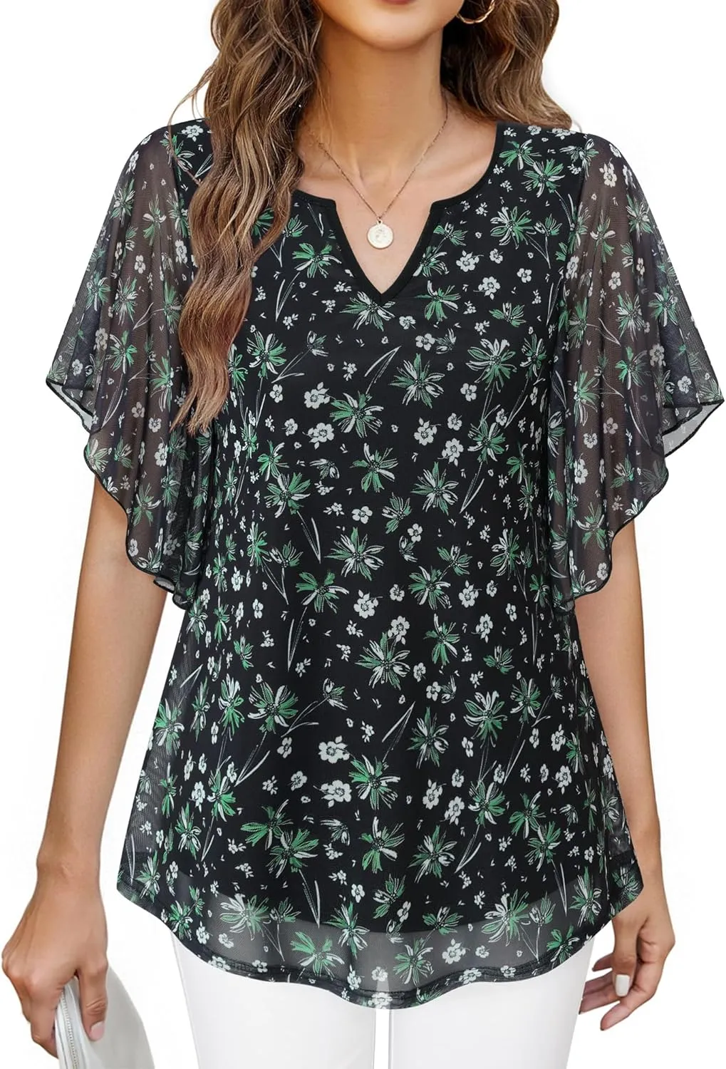 Furnex Women's Short Sleeve Tops Dressy Casual V Neck Double Layers Blouses Floral Mesh Tunics Tops