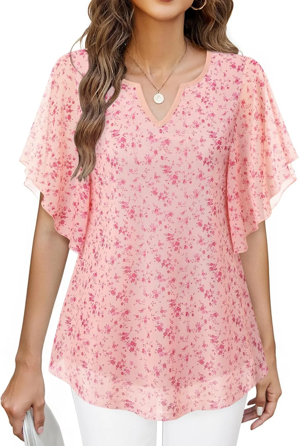 Furnex Women's Short Sleeve Tops Dressy Casual V Neck Double Layers Blouses Floral Mesh Tunics Tops