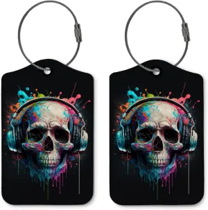 Gamer Gifts Luggage Tags for Suitcases,Skull with Headphones 2 Pack Baggage Tag Label with Steel Loop,Handbag School Bag Backpack Traveling Accessories