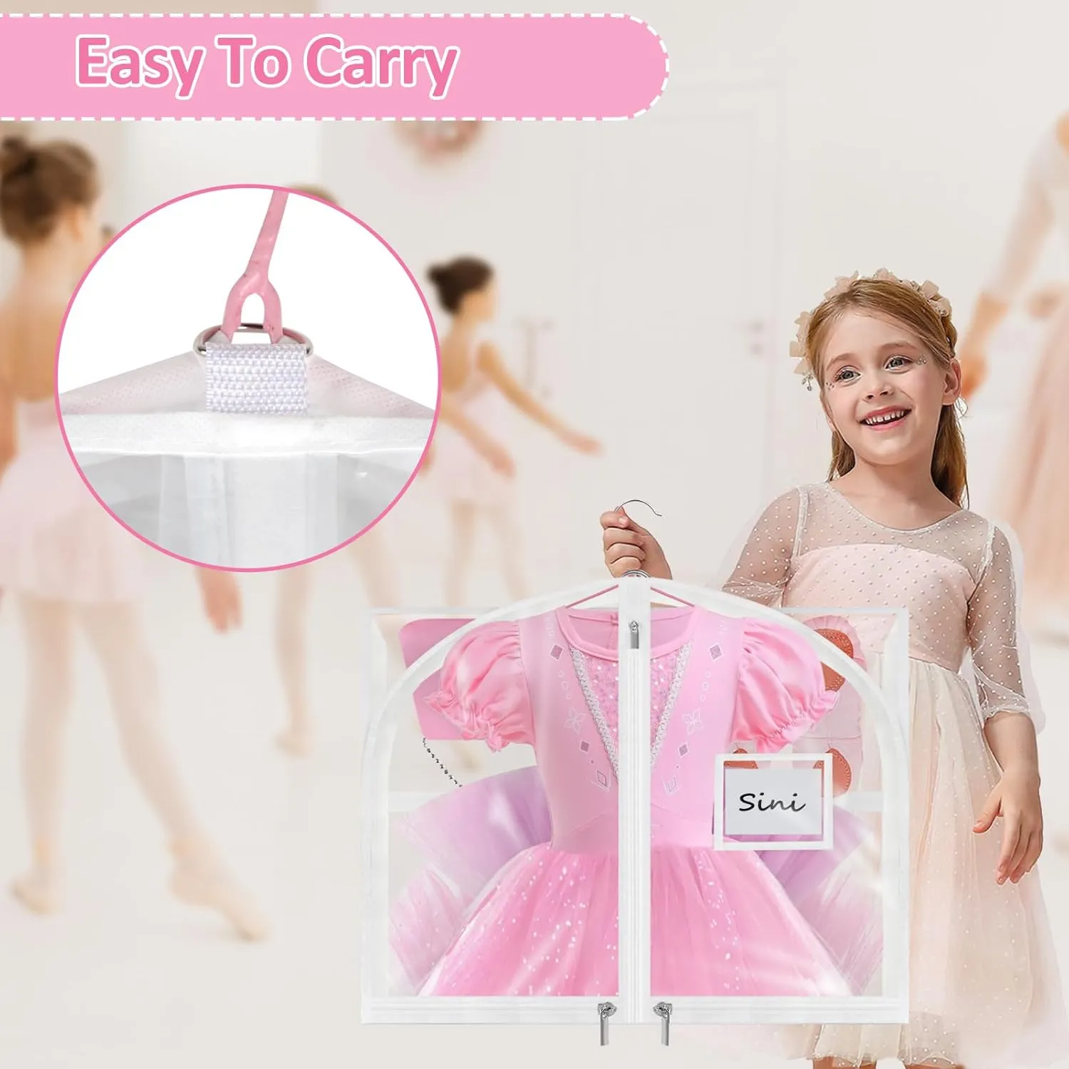 Garment Bags for Dance Costumes - 40 Inch Clear PVC with 5 Zipper Pockets (3 Pack, White) - Kids Dance Garment Bag for Dancers, Hanging Clothes Storage, Competitions & Travel (Clear White)