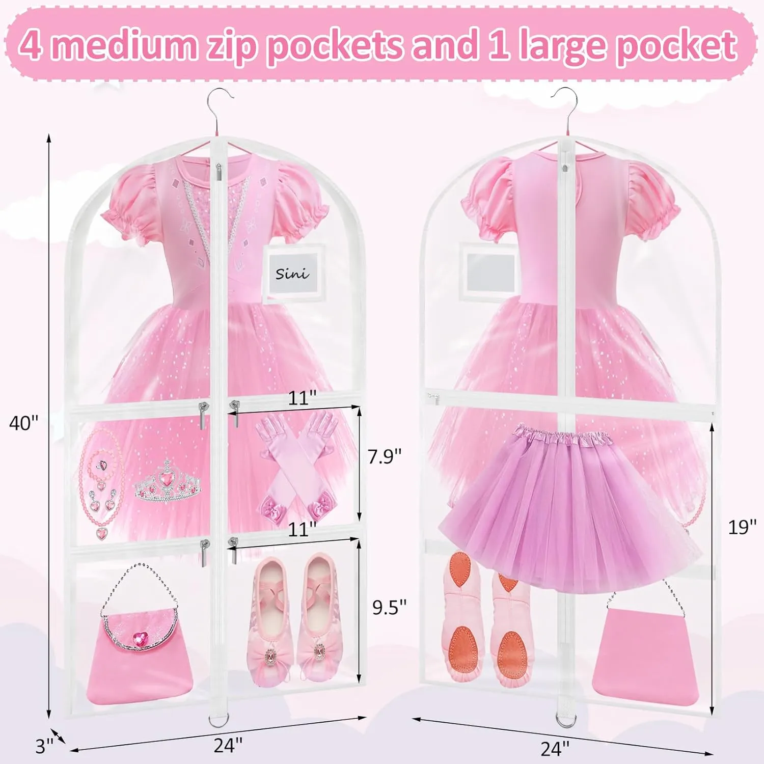 Garment Bags for Dance Costumes - 40 Inch Clear PVC with 5 Zipper Pockets (3 Pack, White) - Kids Dance Garment Bag for Dancers, Hanging Clothes Storage, Competitions & Travel (Clear White)