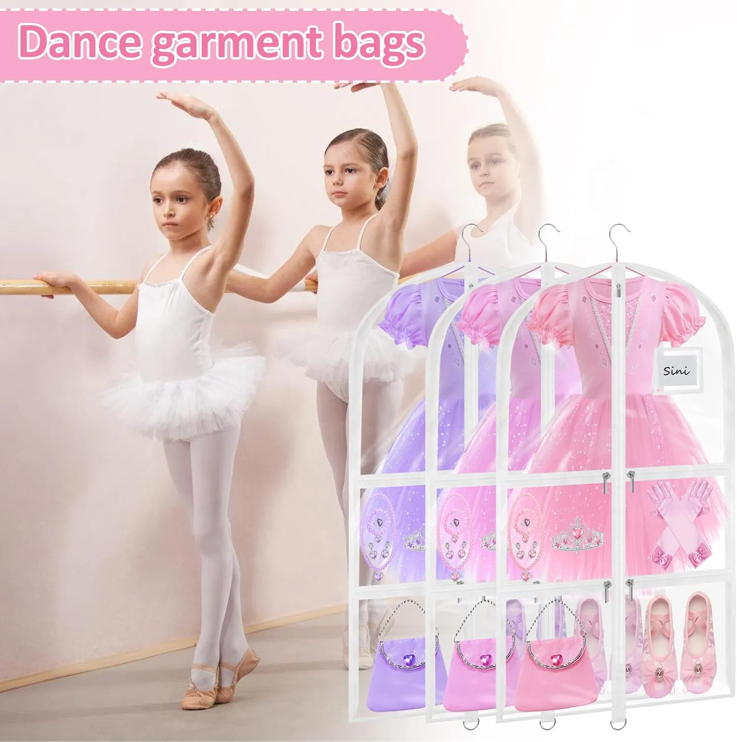Garment Bags for Dance Costumes - 40 Inch Clear PVC with 5 Zipper Pockets (3 Pack, White) - Kids Dance Garment Bag for Dancers, Hanging Clothes Storage, Competitions & Travel (Clear White)