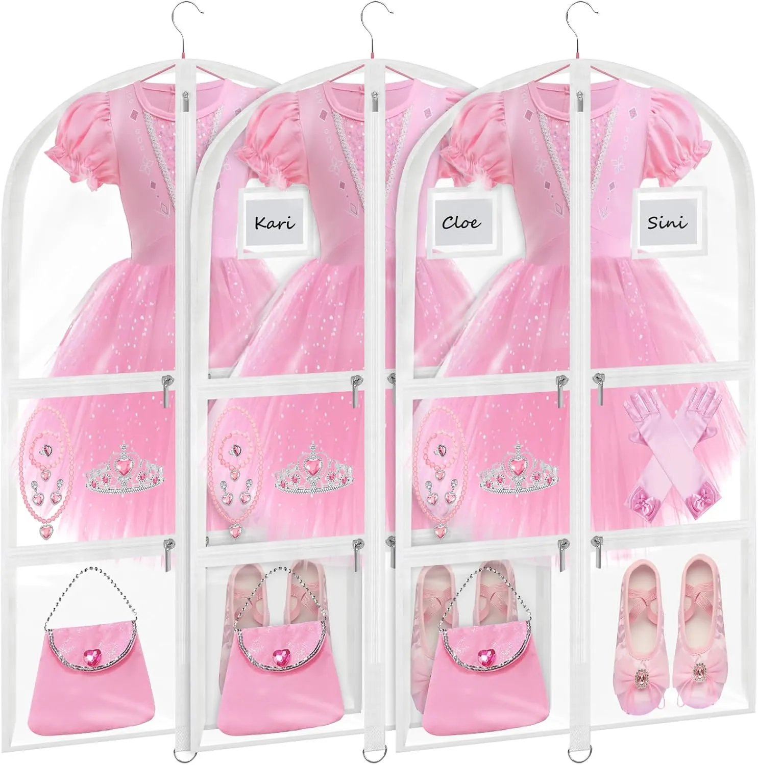 Garment Bags for Dance Costumes - 40 Inch Clear PVC with 5 Zipper Pockets (3 Pack, White) - Kids Dance Garment Bag for Dancers, Hanging Clothes Storage, Competitions & Travel (Clear White)