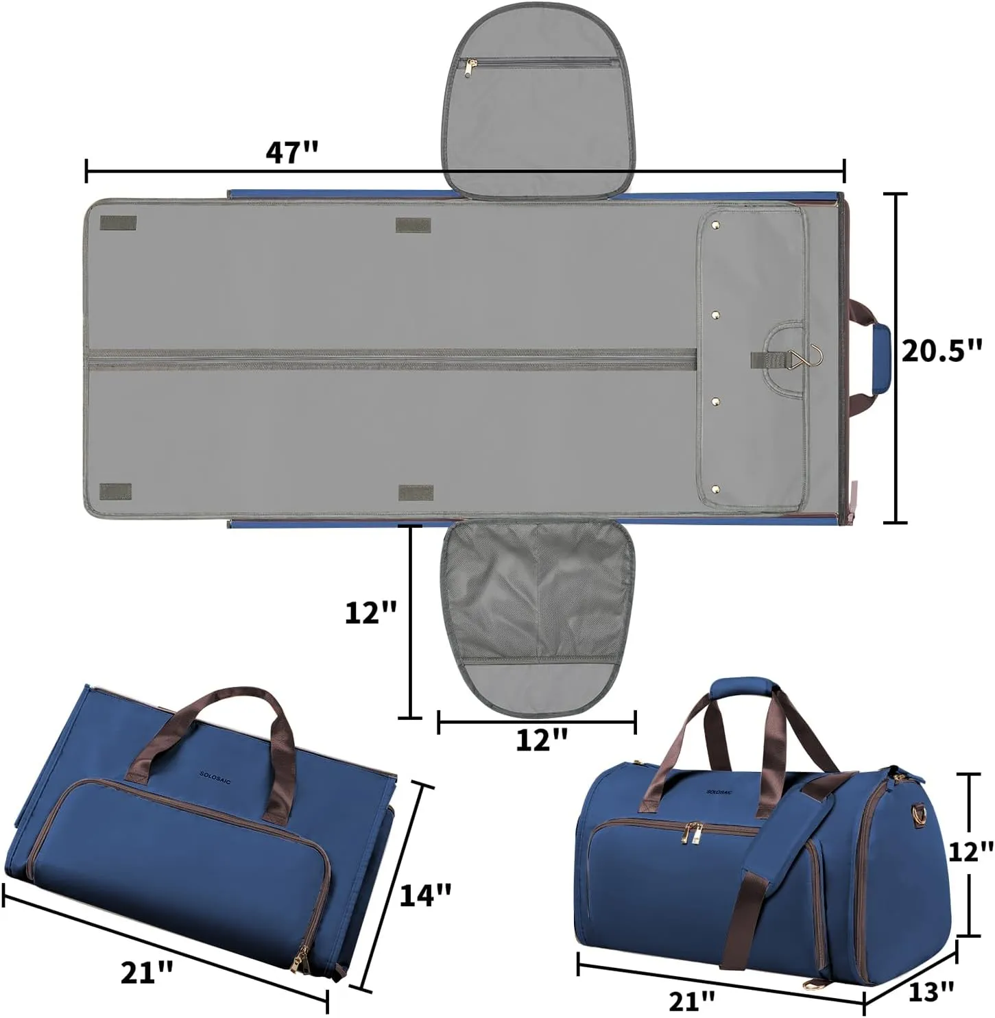 Garment Bags for Travel, Convertible Garment Bag with Detachable Hanging Suit Bag, Carry on Travel Duffel Bag with Shoulder and Backpack Straps, Luggage Dress Bag with 2 Shoes Cover, Men,Women, Blue