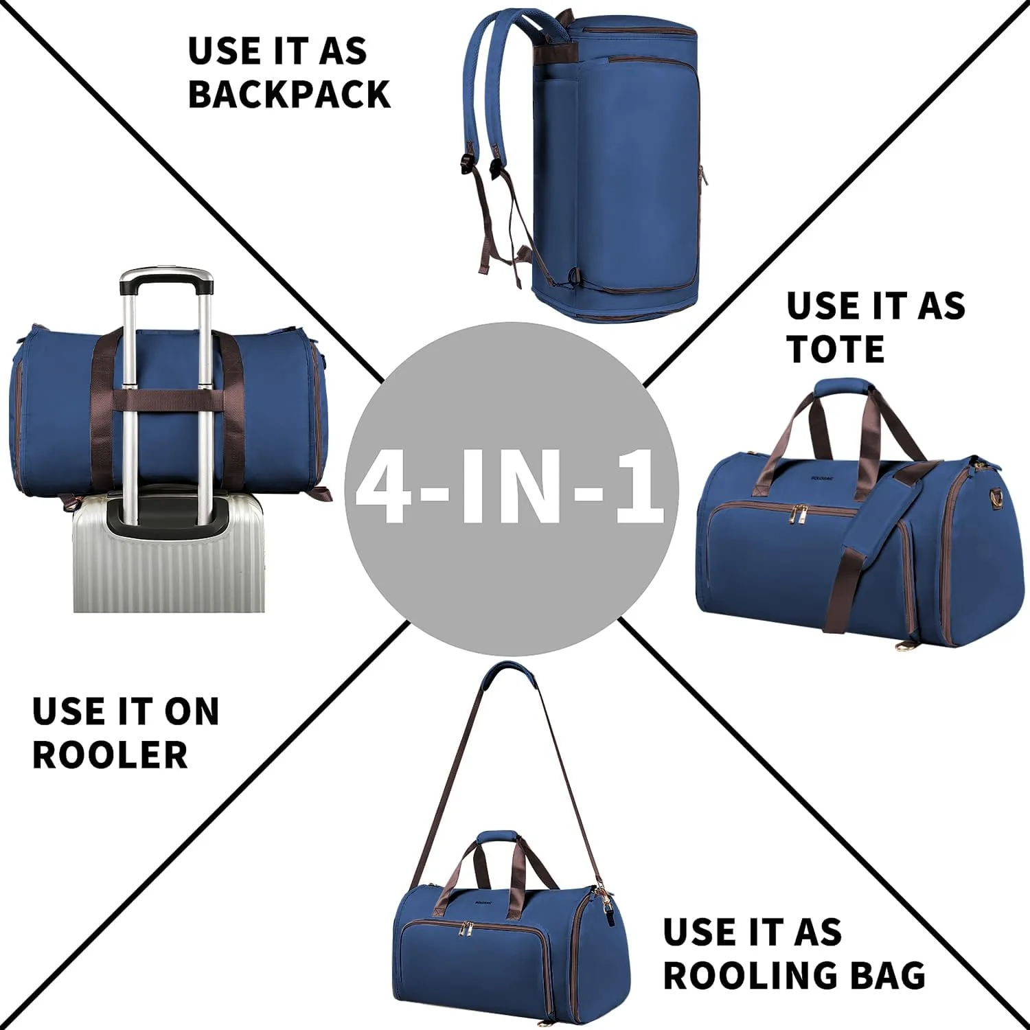 Garment Bags for Travel, Convertible Garment Bag with Detachable Hanging Suit Bag, Carry on Travel Duffel Bag with Shoulder and Backpack Straps, Luggage Dress Bag with 2 Shoes Cover, Men,Women, Blue