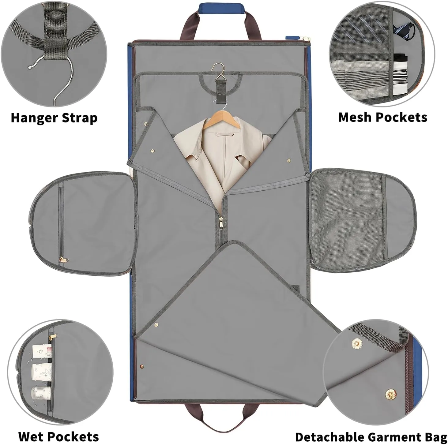 Garment Bags for Travel, Convertible Garment Bag with Detachable Hanging Suit Bag, Carry on Travel Duffel Bag with Shoulder and Backpack Straps, Luggage Dress Bag with 2 Shoes Cover, Men,Women, Blue