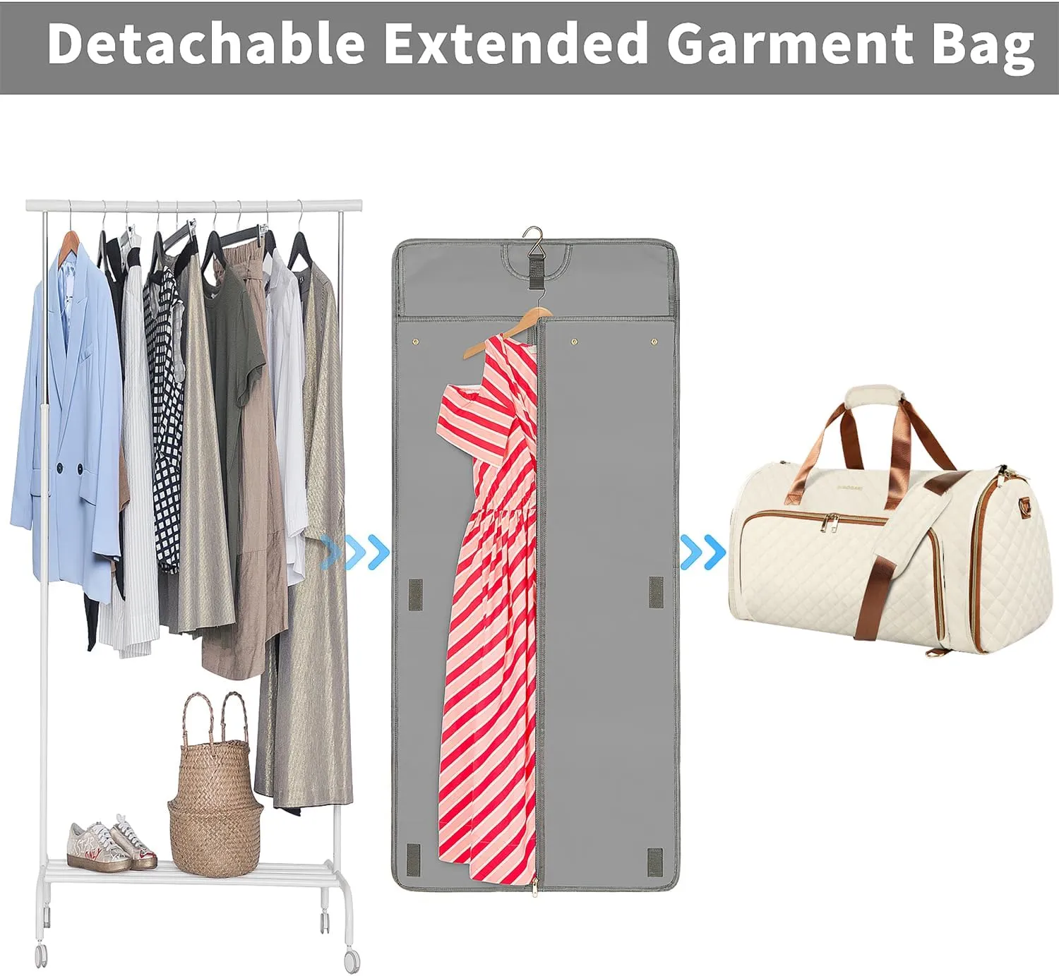 Garment Bags for Travel, Convertible Garment Bag with Detachable Hanging Suit Bag, Carry on Travel Duffel Bag with Shoulder and Backpack Straps, Luggage Dress Bag with 2 Shoes Cover, Women