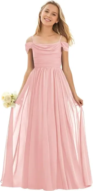GATMAHE Chiffon Junior Bridesmaid Dresses for Wedding Teen Girls Ruffle Spaghetti Strap Long Formal Prom Dress