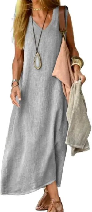Geleglaer Linen Dresses for Womens Sleeveless Linen Dress Casual Cotton Tank Maxi Dress 2024 Summer Dress