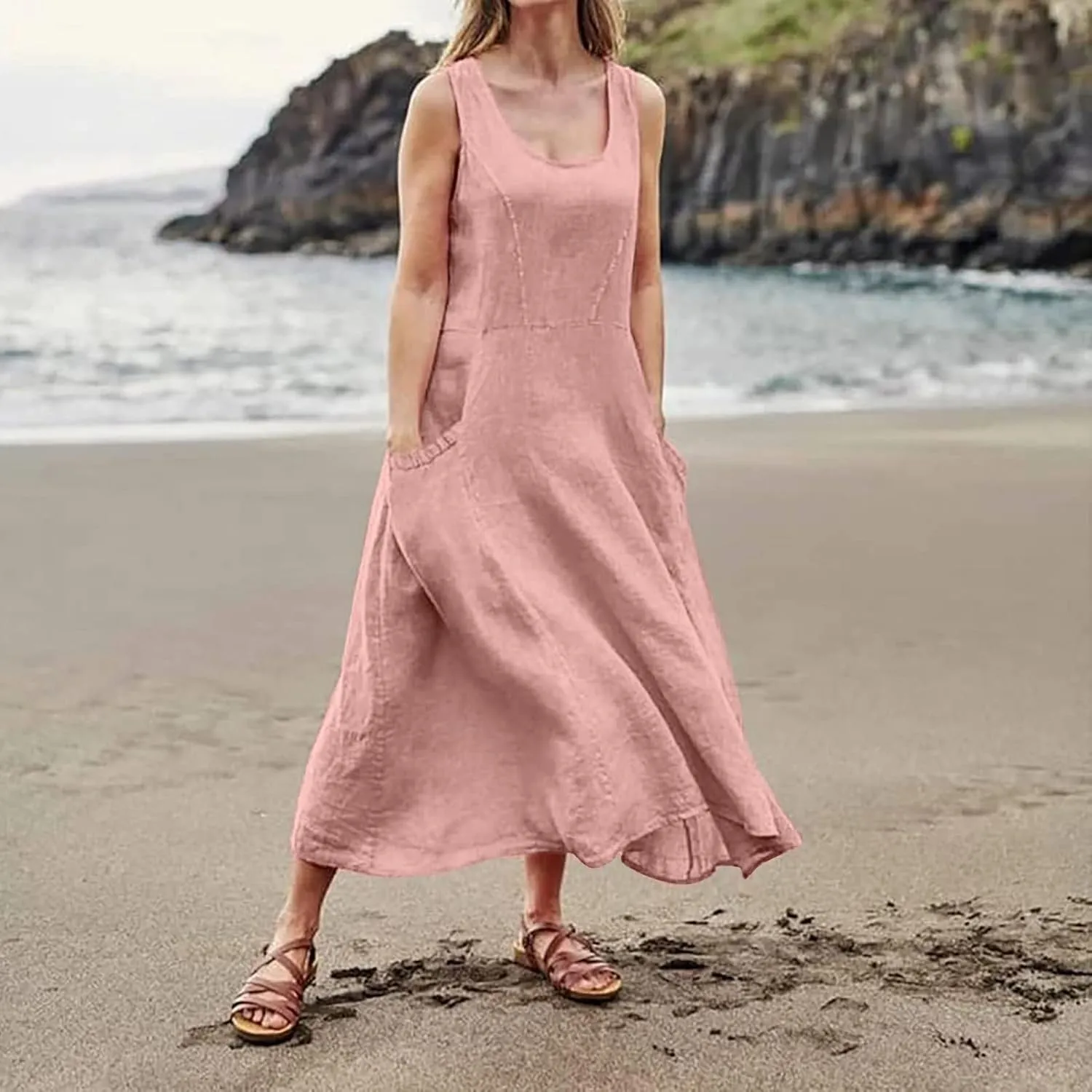 Geleglaer Linen Dresses for Womens Sleeveless Linen Dress Casual Cotton Tank Maxi Dress 2024 Summer Dress