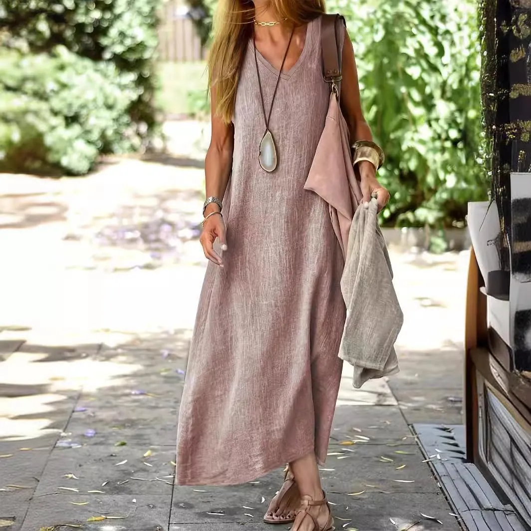 Geleglaer Linen Dresses for Womens Sleeveless Linen Dress Casual Cotton Tank Maxi Dress 2024 Summer Dress